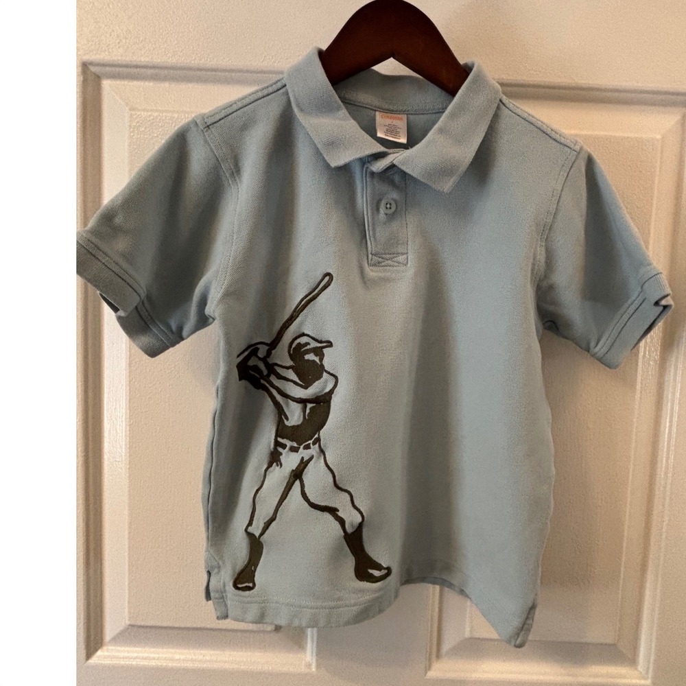 Gymboree Boys Size 7 Blue Baseball Player Graphic Pique Polo Shirt Short Sleeve